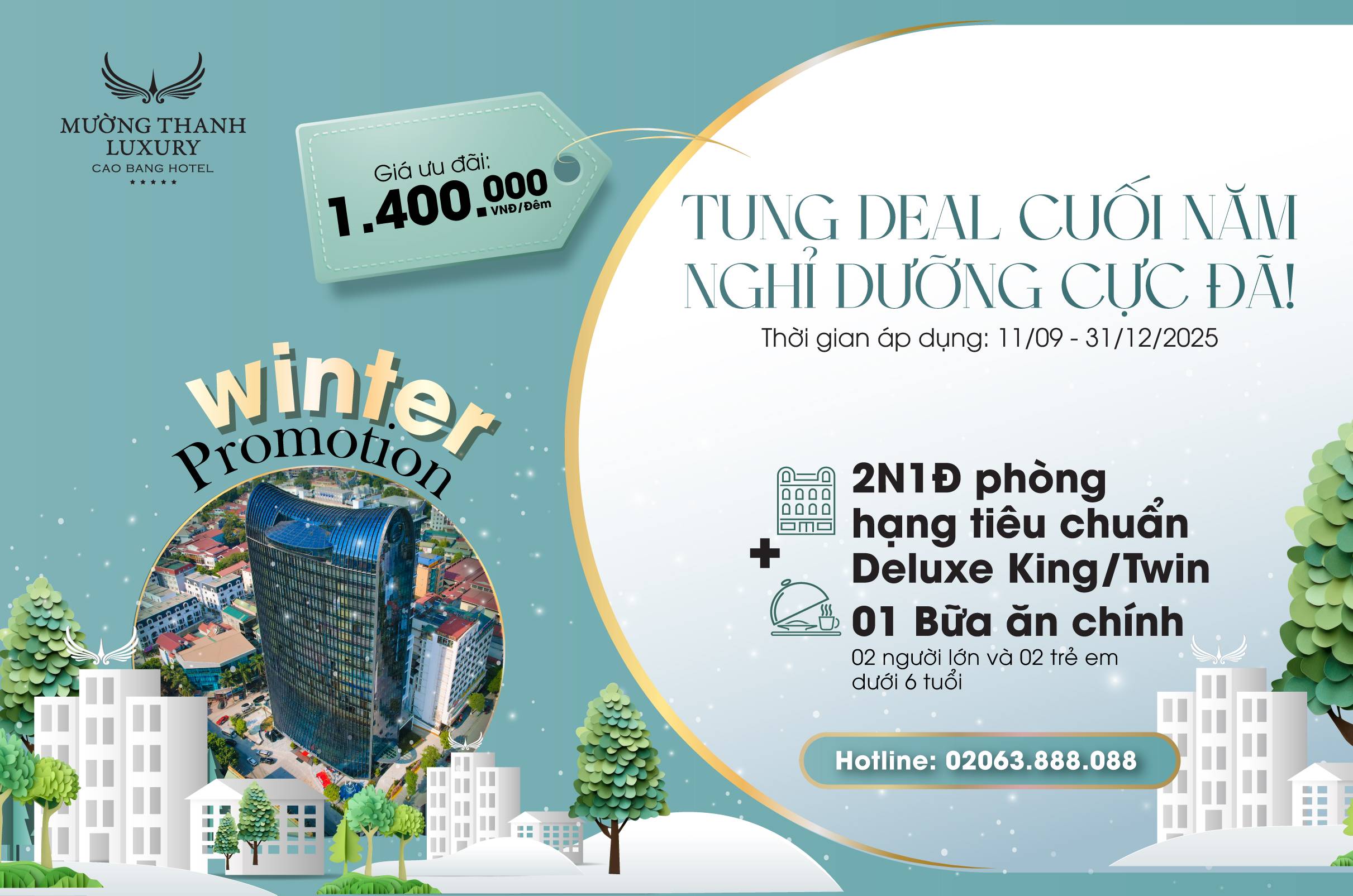 [WINTER PROMOTION 2025  CAO BẰNG] Nghỉ dưỡng 2N1Đ + 01 bữa ăn chính dành cho 02 người lớn và 02 trẻ em dưới 6 tuổi