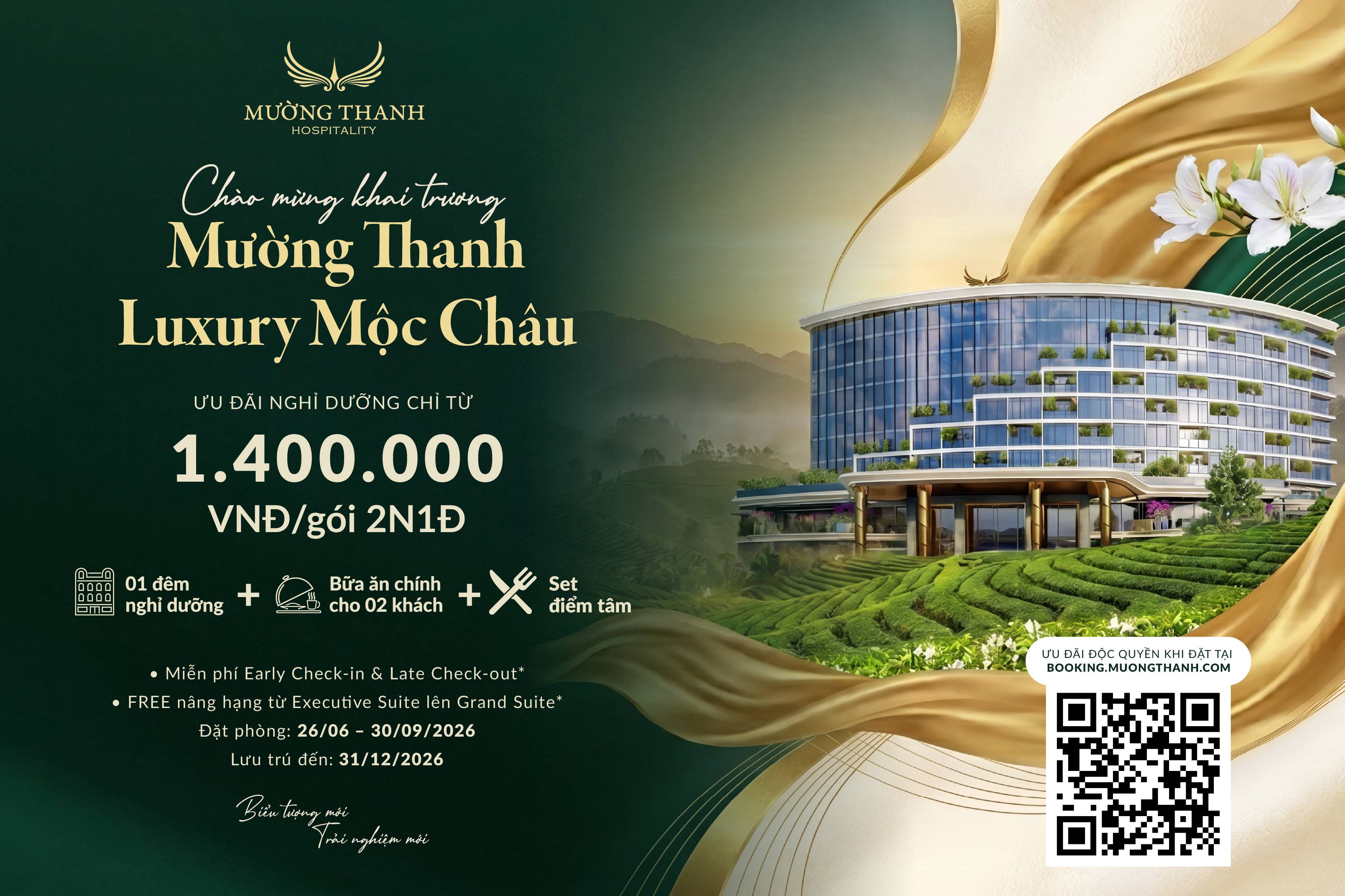 [SOFT OPENING | LUXURY MỘC CHÂU] Nghỉ dưỡng 2N1Đ kèm 01 bữa ăn chính và 01 set điểm tâm